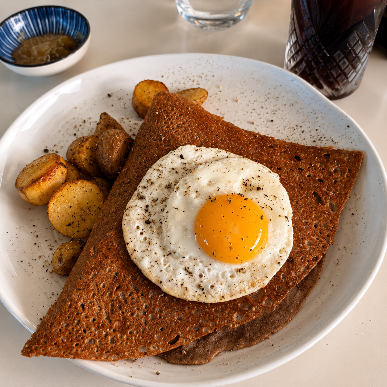 Galette salée avec œuf à la Crêperie Saint Georges
