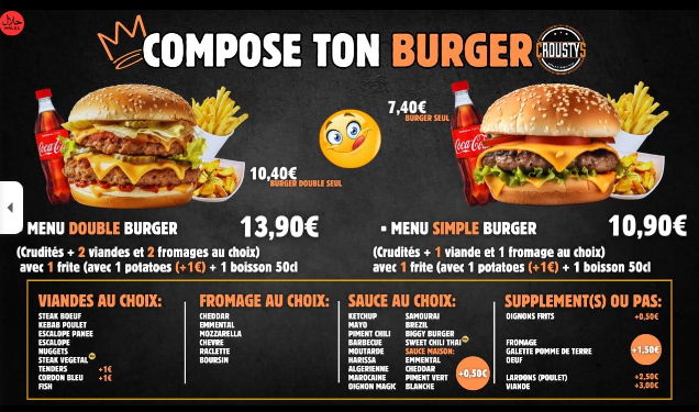 Carte des burgers simples et doubles de Crousty’s