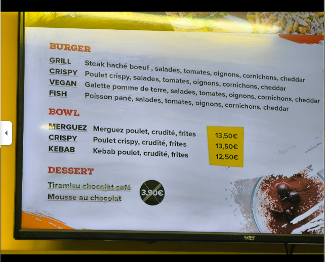 Carte des burgers, bowls et desserts de L’Original Kebab