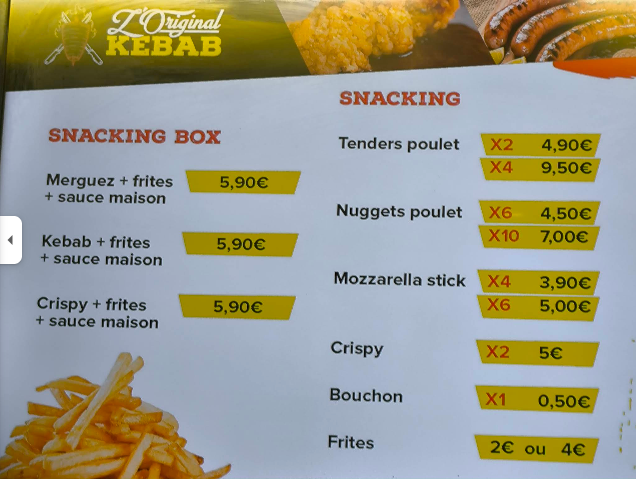 Carte des box et snacks de L’Original Kebab