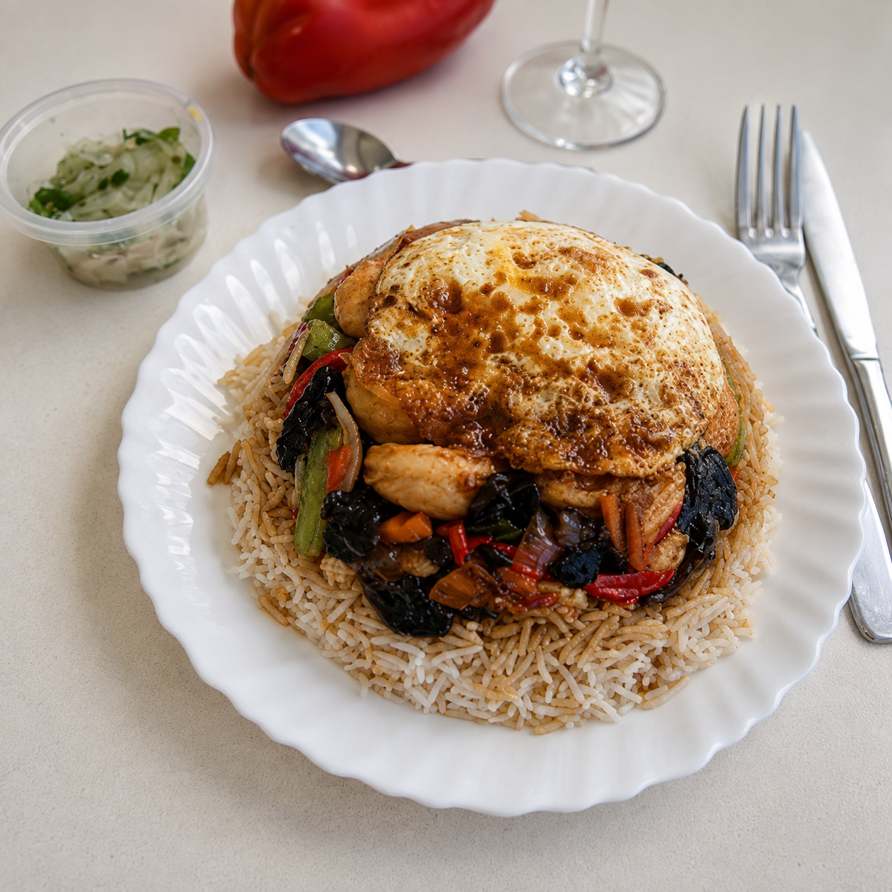 Assiette de riz, poulet et légumes chez Bibi à Saint-Leu