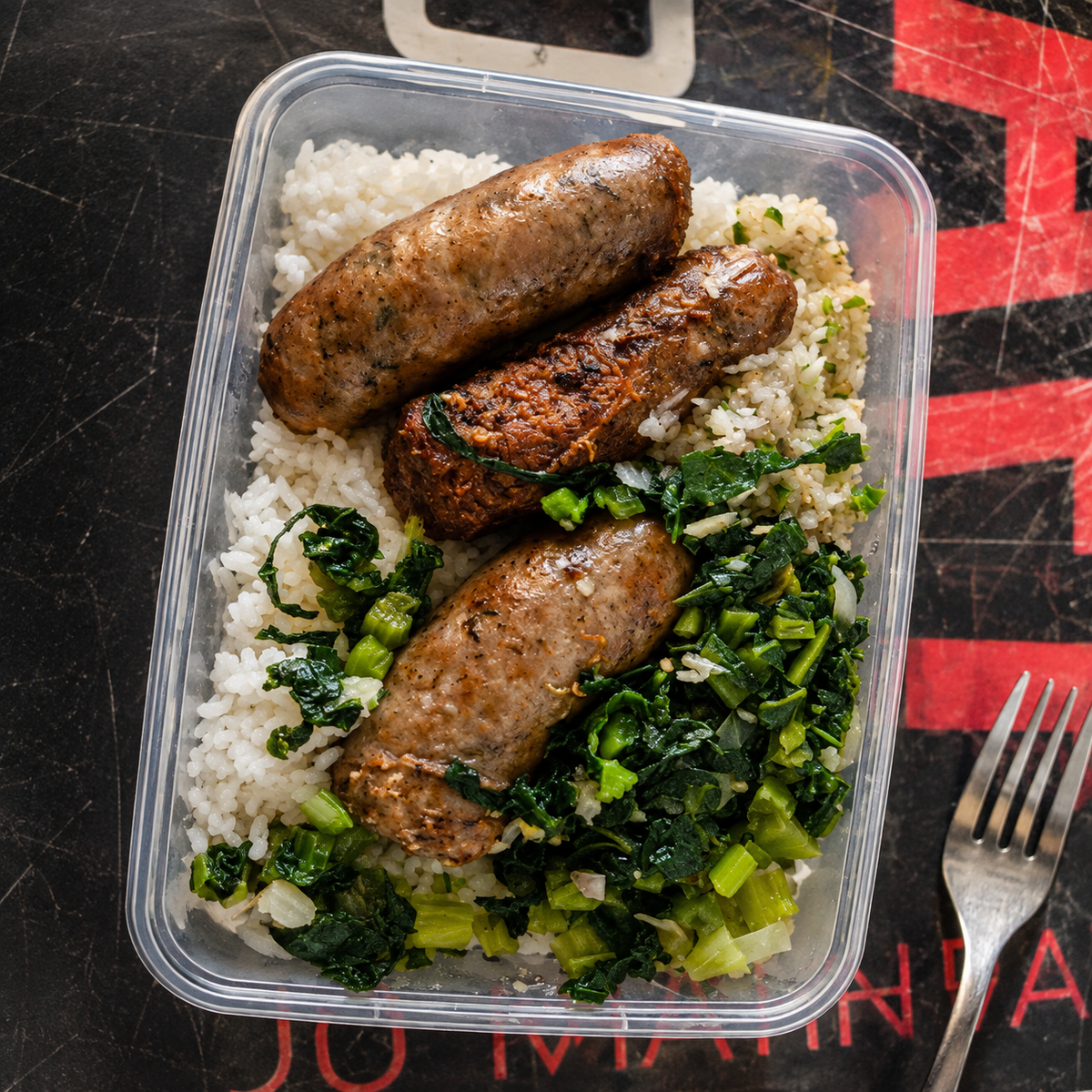 Plat créole avec riz, saucisses et brèdes chez Ti Jean à Saint-Leu